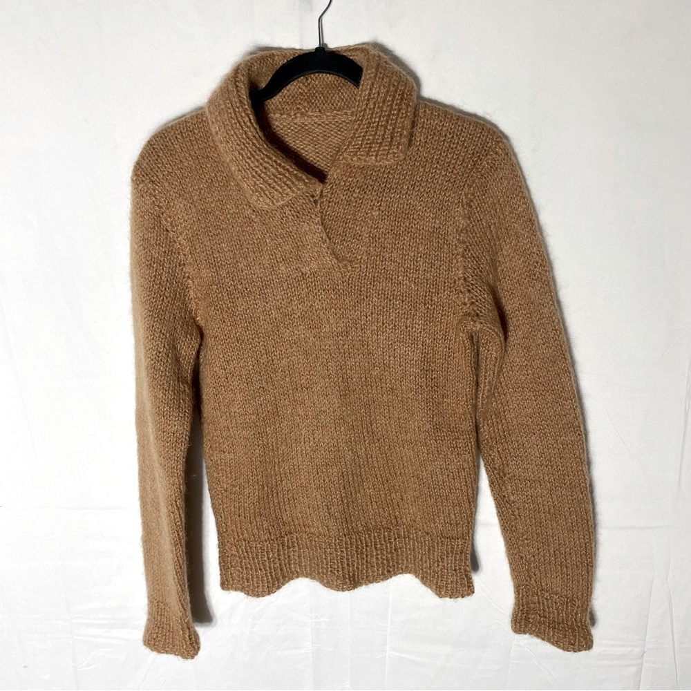 Vintage Handmade Tan Brown Hand Knit Pullover V Neck Sweater With Collar M